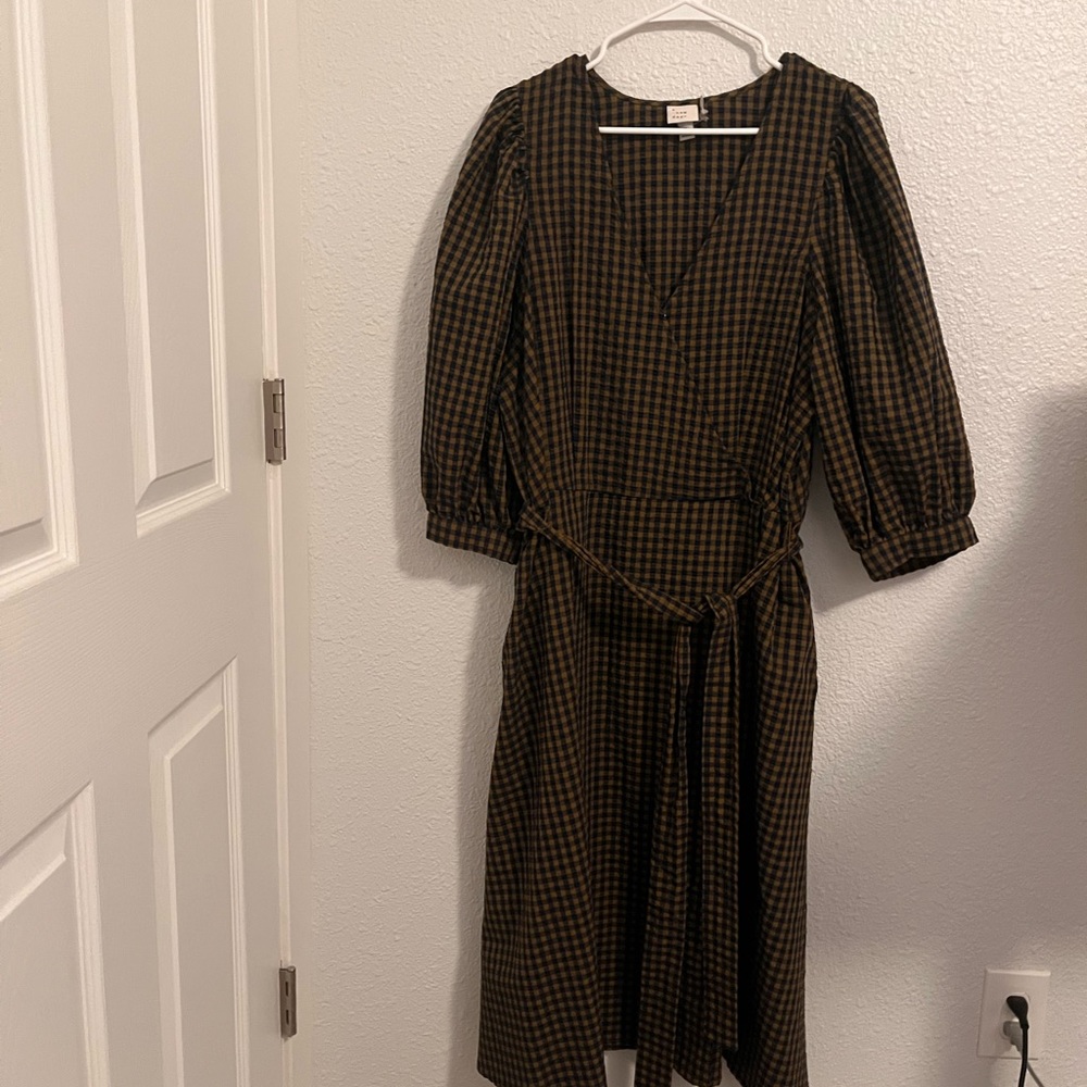 green & blue plaid midi wrap dress